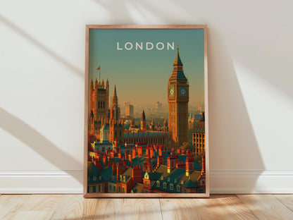 London Skyline Print Big Ben Cityscape Wall Art Vintage Travel Poster - Travel Wall Art