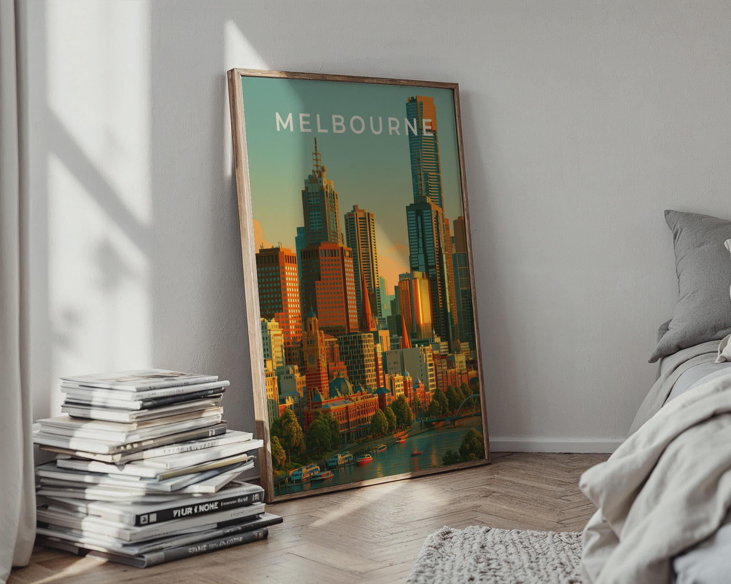 Melbourne City Skyline Art Print Urban Wall Art Colourful Poster - Travel Wall Art