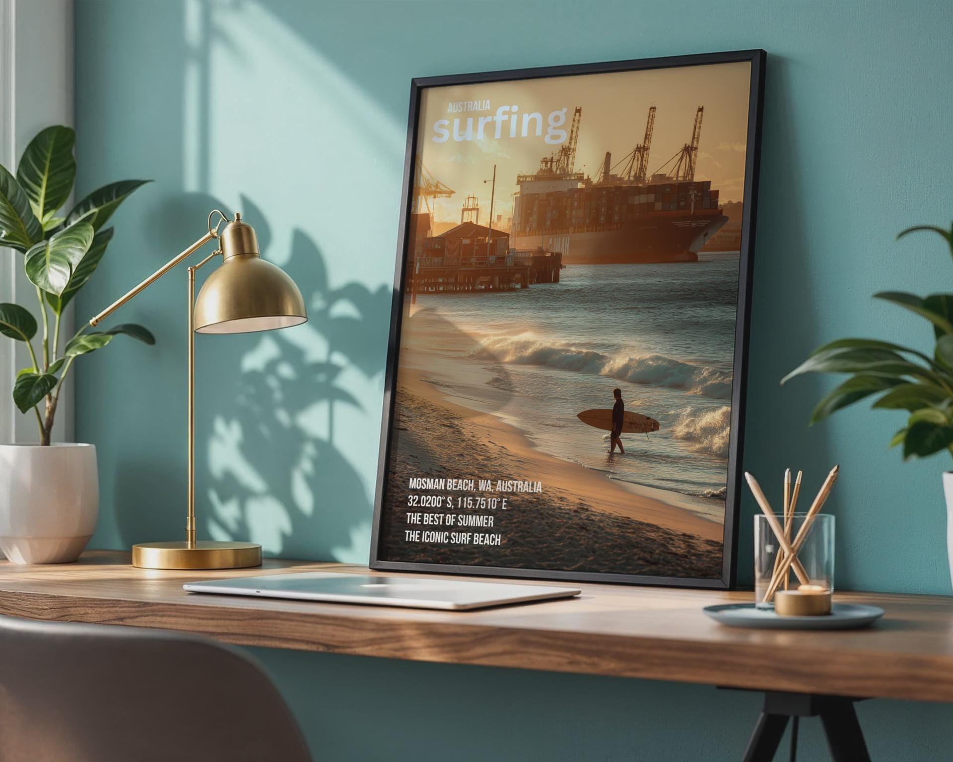 Mosman Beach Surfing Poster Australia Wall Art Summer Scene - Travel Wall Art