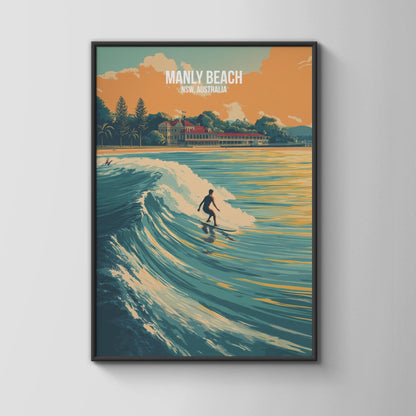 Surfing at Manly Beach Poster Wall Art NSW Australia - Travel Wall Art
