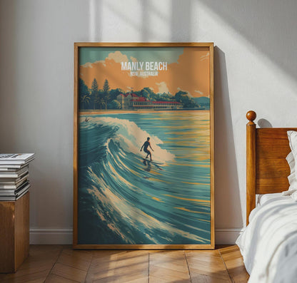 Surfing at Manly Beach Poster Wall Art NSW Australia - Travel Wall Art