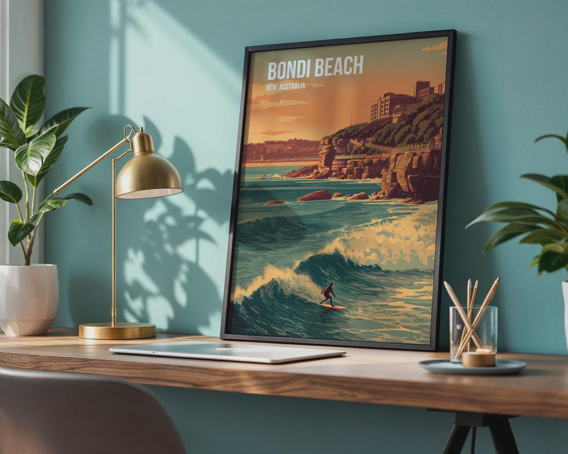 Bondi Beach Surfing Poster Wall Art NSWAustralia - Travel Wall Art