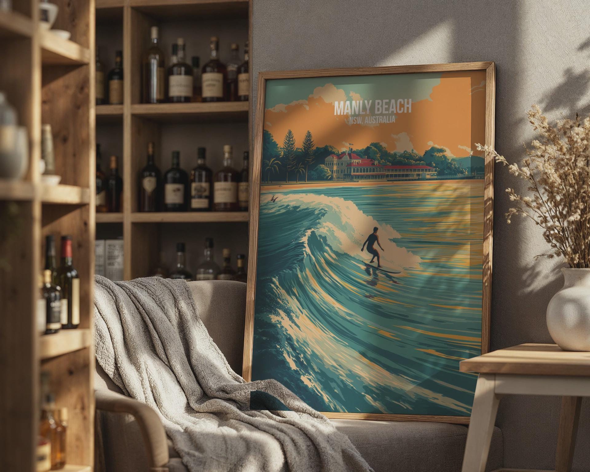 Surfing at Manly Beach Poster Wall Art NSW Australia - Travel Wall Art