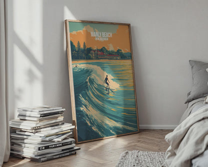 Surfing at Manly Beach Poster Wall Art NSW Australia - Travel Wall Art
