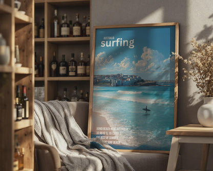 Bondi Beach Surfing Poster Art Print Australia Coastal Wall Art - Travel Wall Art