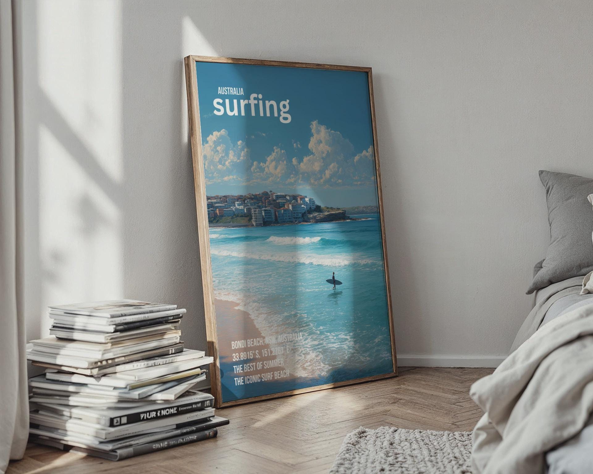 Bondi Beach Surfing Poster Art Print Australia Coastal Wall Art - Travel Wall Art