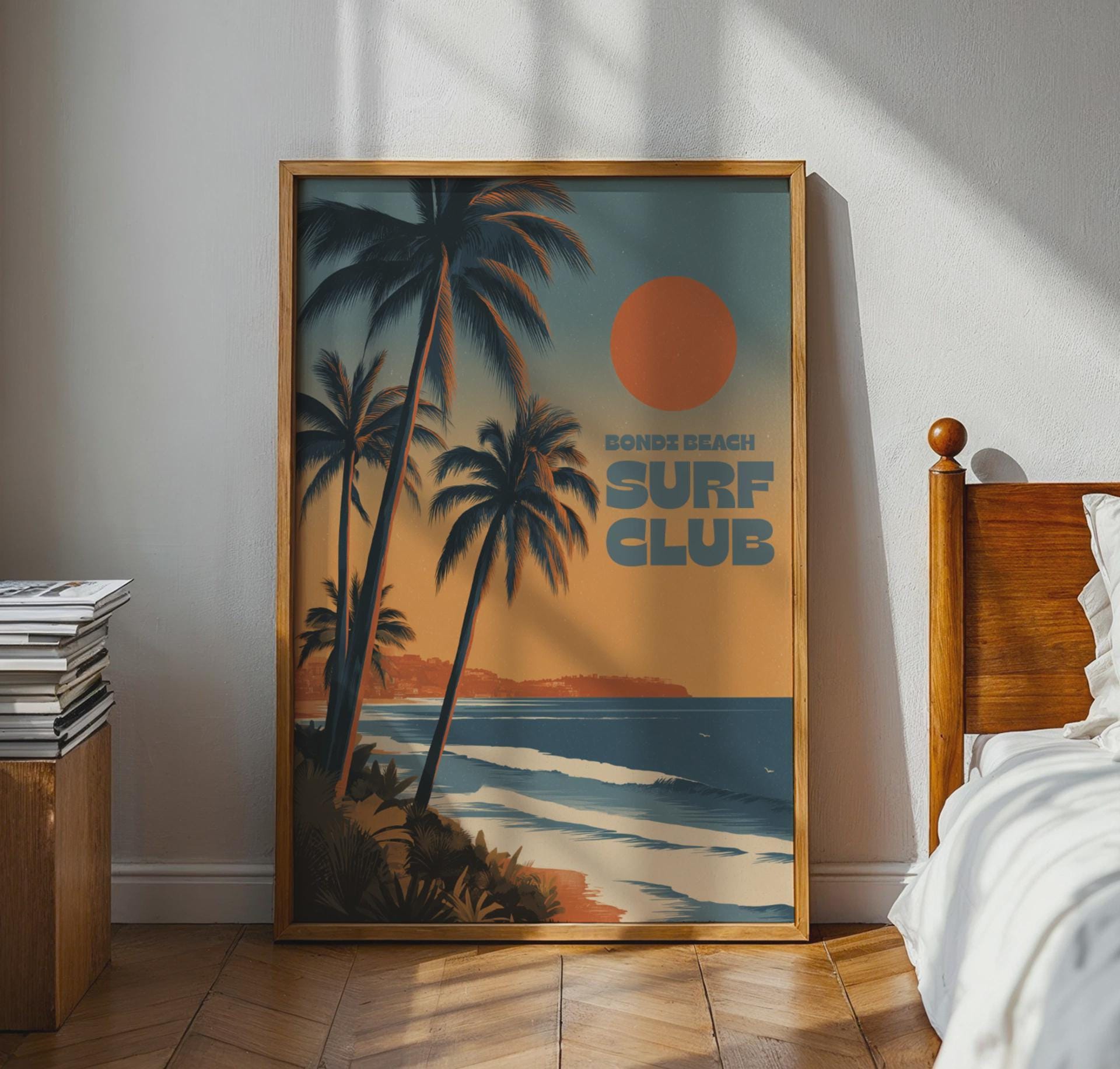 Bondi Beach Surf Club Poster with Palms and Sunset - Travel Wall Art