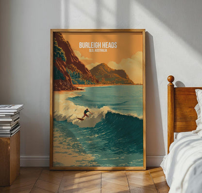 Burleigh Heads Surfing Poster Artwork QLD Australia Wall Art - Travel Wall Art