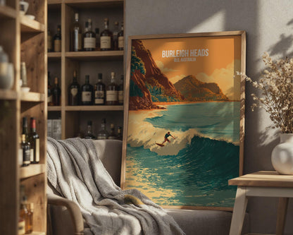 Burleigh Heads Surfing Poster Artwork QLD Australia Wall Art - Travel Wall Art