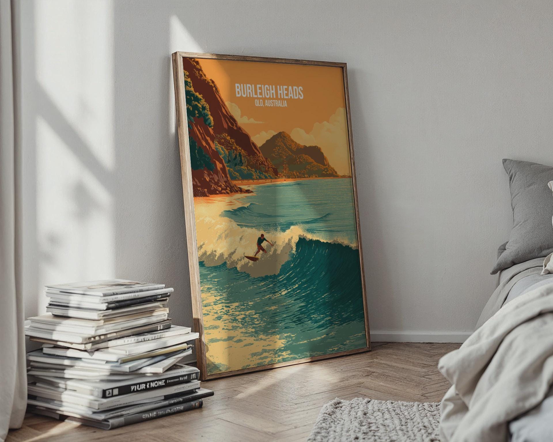 Burleigh Heads Surfing Poster Artwork QLD Australia Wall Art - Travel Wall Art