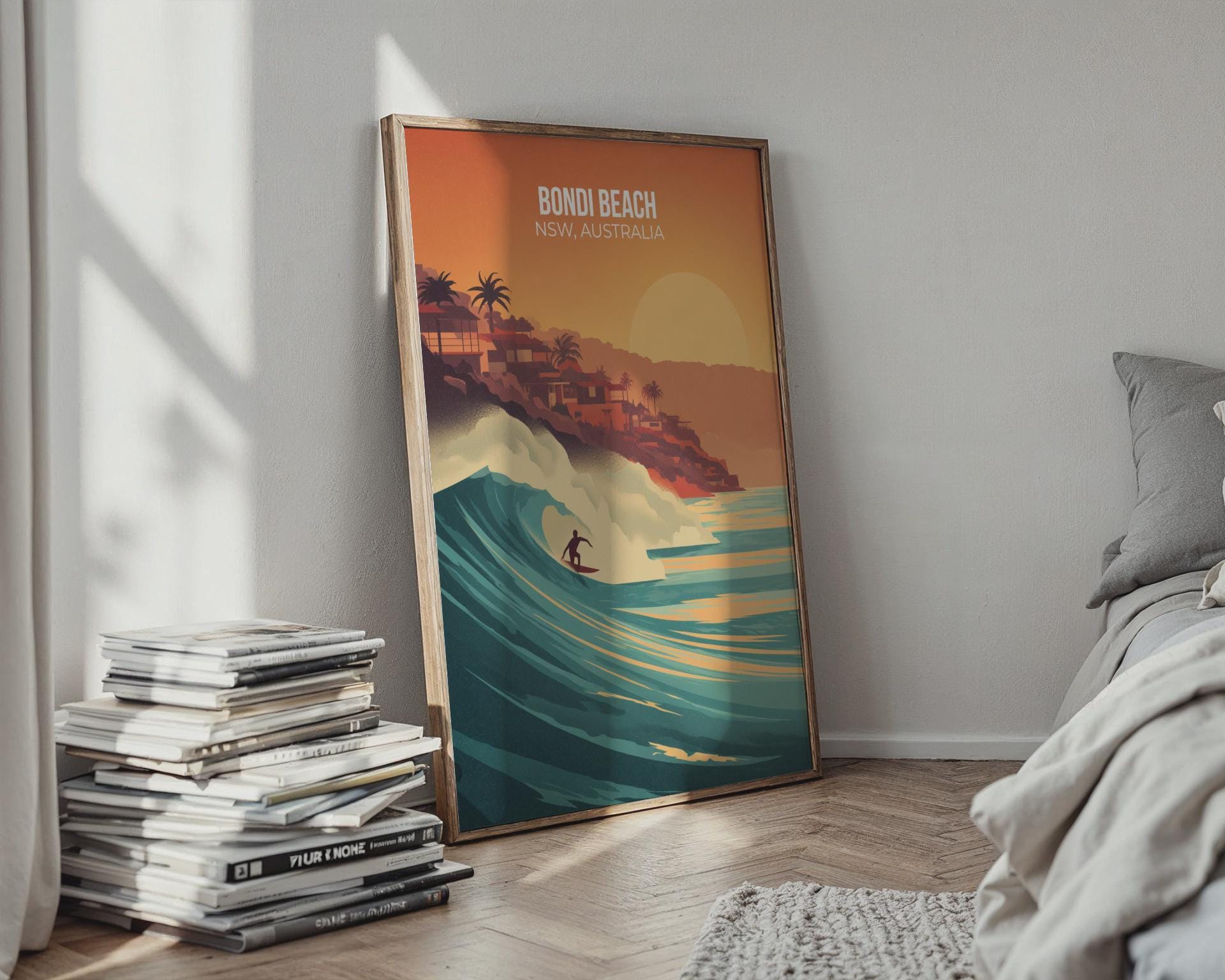 Bondi Beach Surfing Poster Print Ocean Art NSW Australia Wall Art - Travel Wall Art