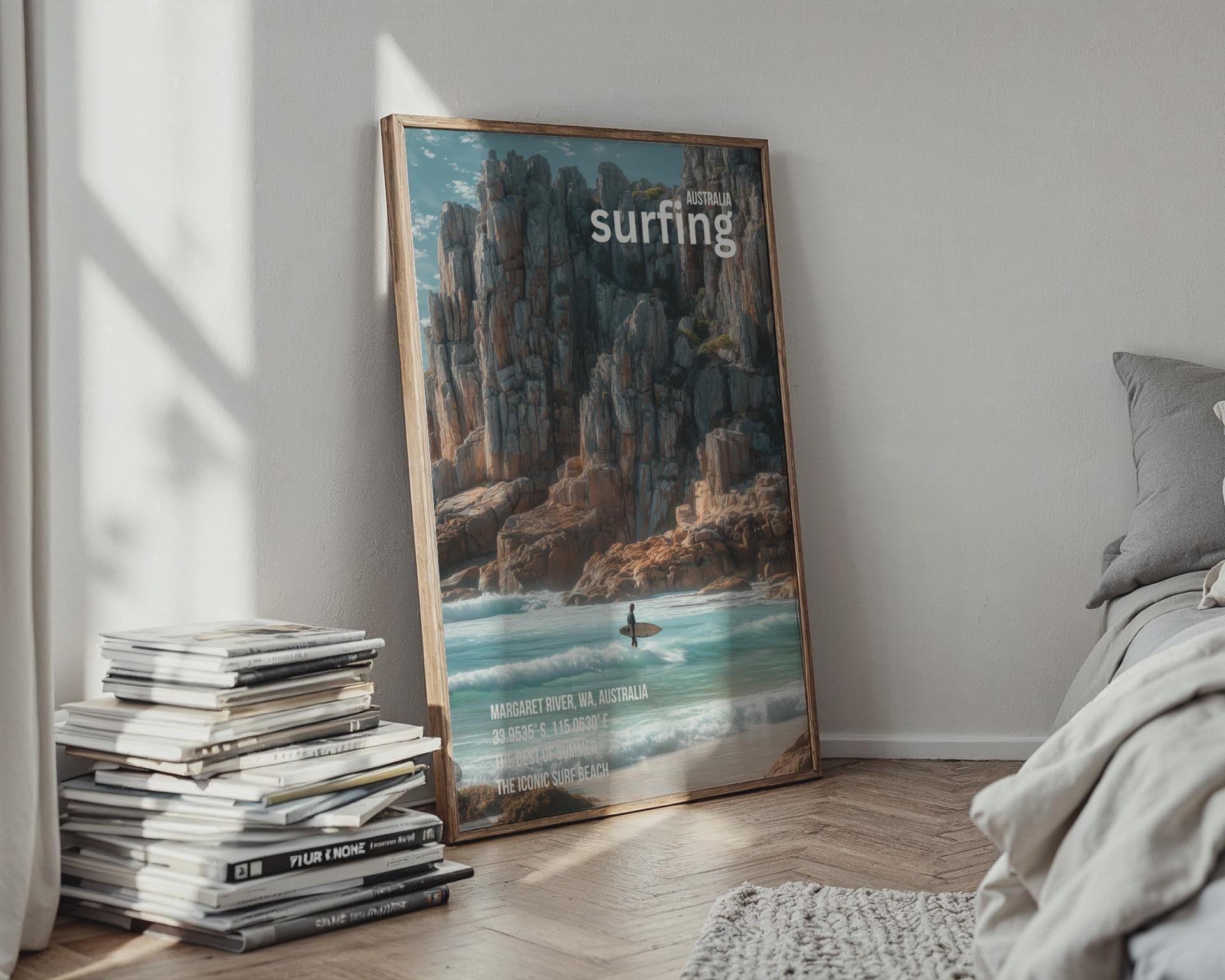 Surfing Art Print Margaret River Australia Landscape Poster - Travel Wall Art