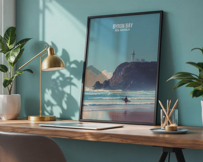 Byron Bay Surf Poster with Lighthouse and Ocean - Travel Wall Art