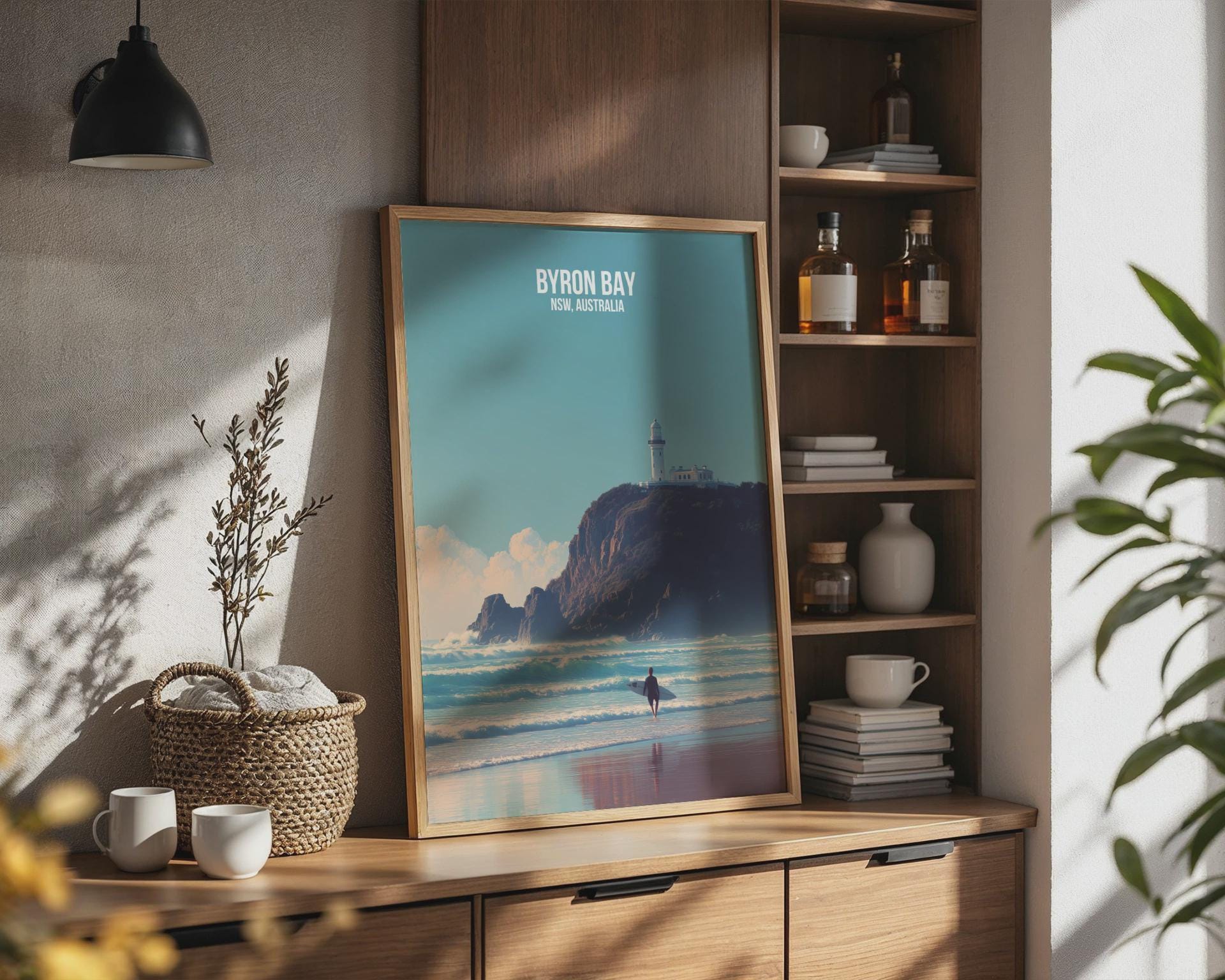 Byron Bay Surf Poster with Lighthouse and Ocean - Travel Wall Art