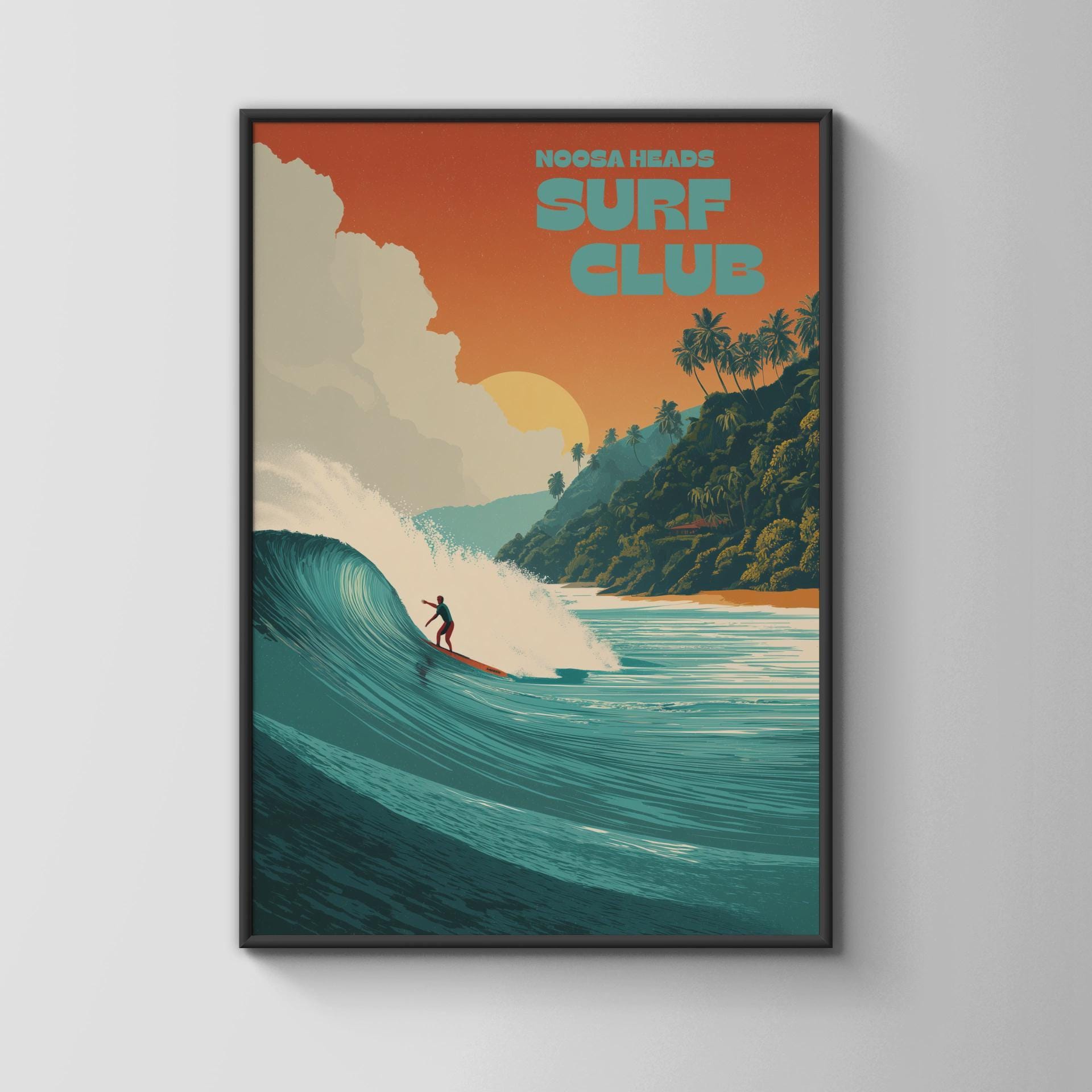 Noosa Heads Surf Club Poster: Surfer Riding Wave, Coastal Art Print - Travel Wall Art