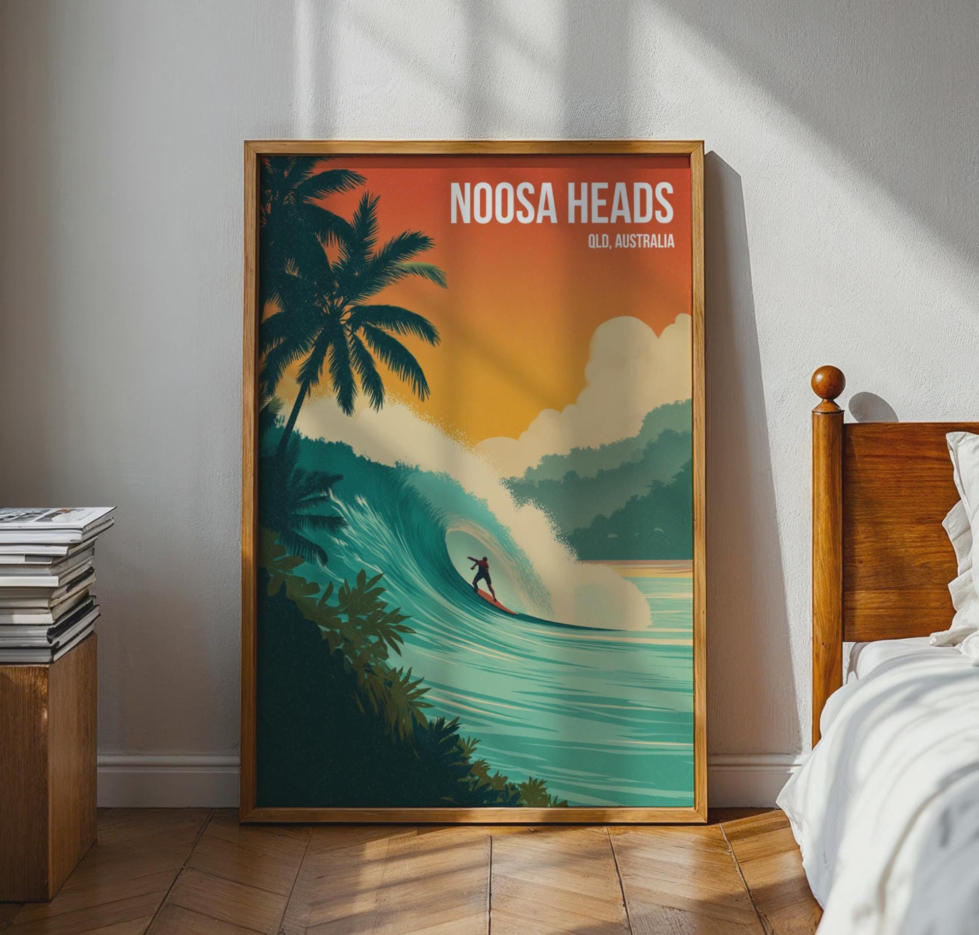 Noosa Heads Surfing Print Art Poster QLD Australia Tropical Waves - Travel Wall Art