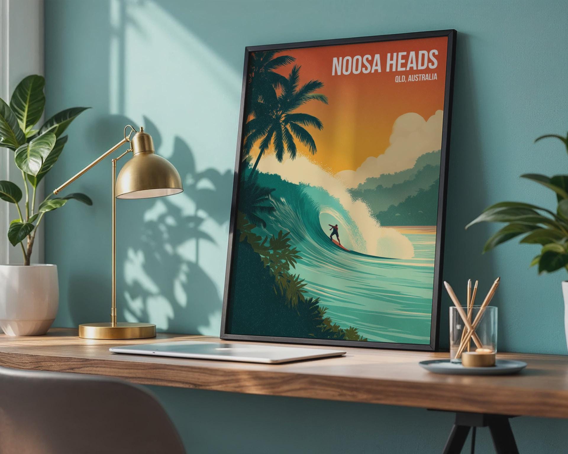 Noosa Heads Surfing Print Art Poster QLD Australia Tropical Waves - Travel Wall Art