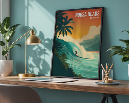 Noosa Heads Surfing Print Art Poster QLD Australia Tropical Waves - Travel Wall Art