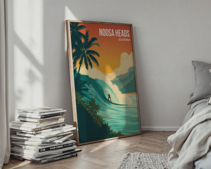 Noosa Heads Surfing Print Art Poster QLD Australia Tropical Waves - Travel Wall Art