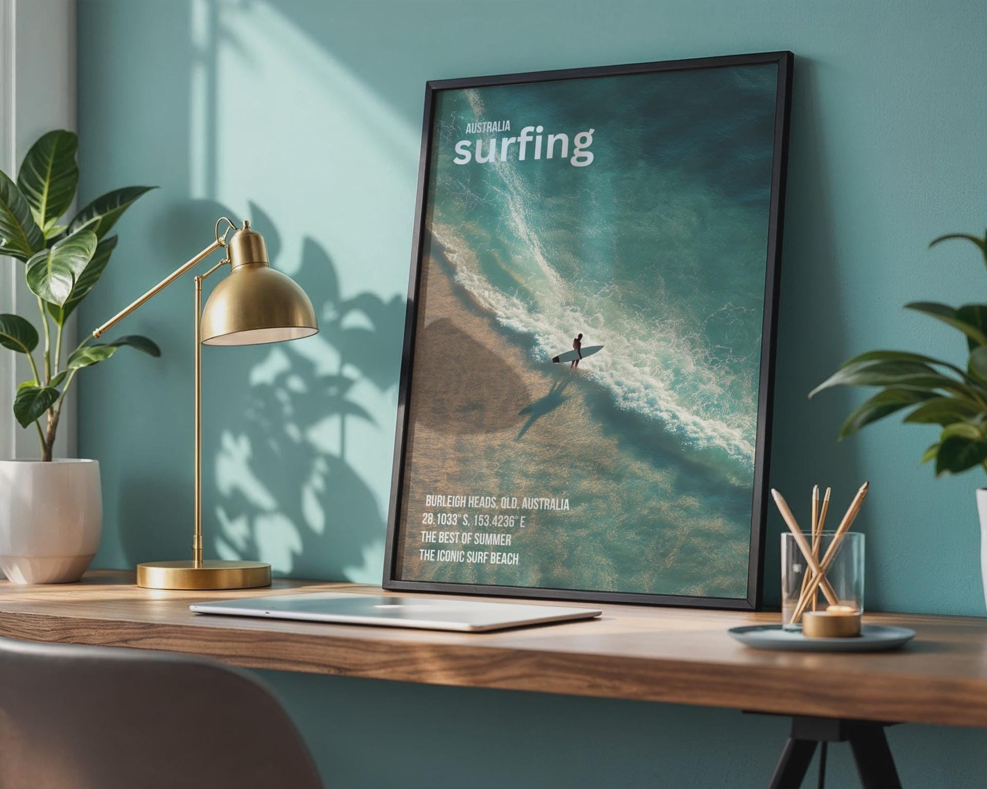 Surfing Poster Burleigh Heads Ocean Wall Art Australian Beach Print - Travel Wall Art