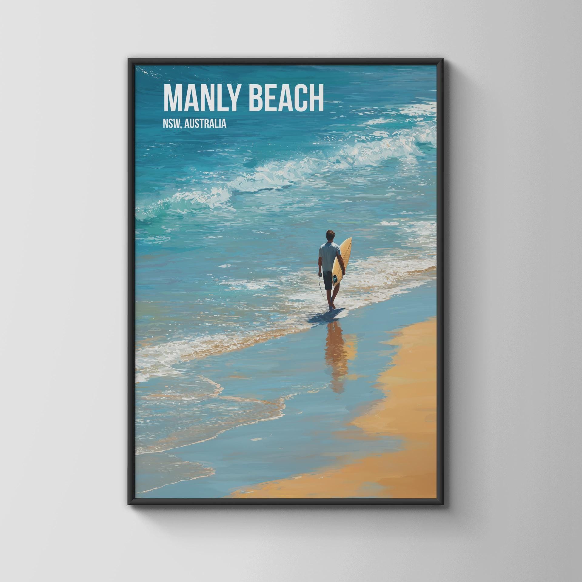 Manly Beach Surfing Print Poster Wall Art - Travel Wall Art
