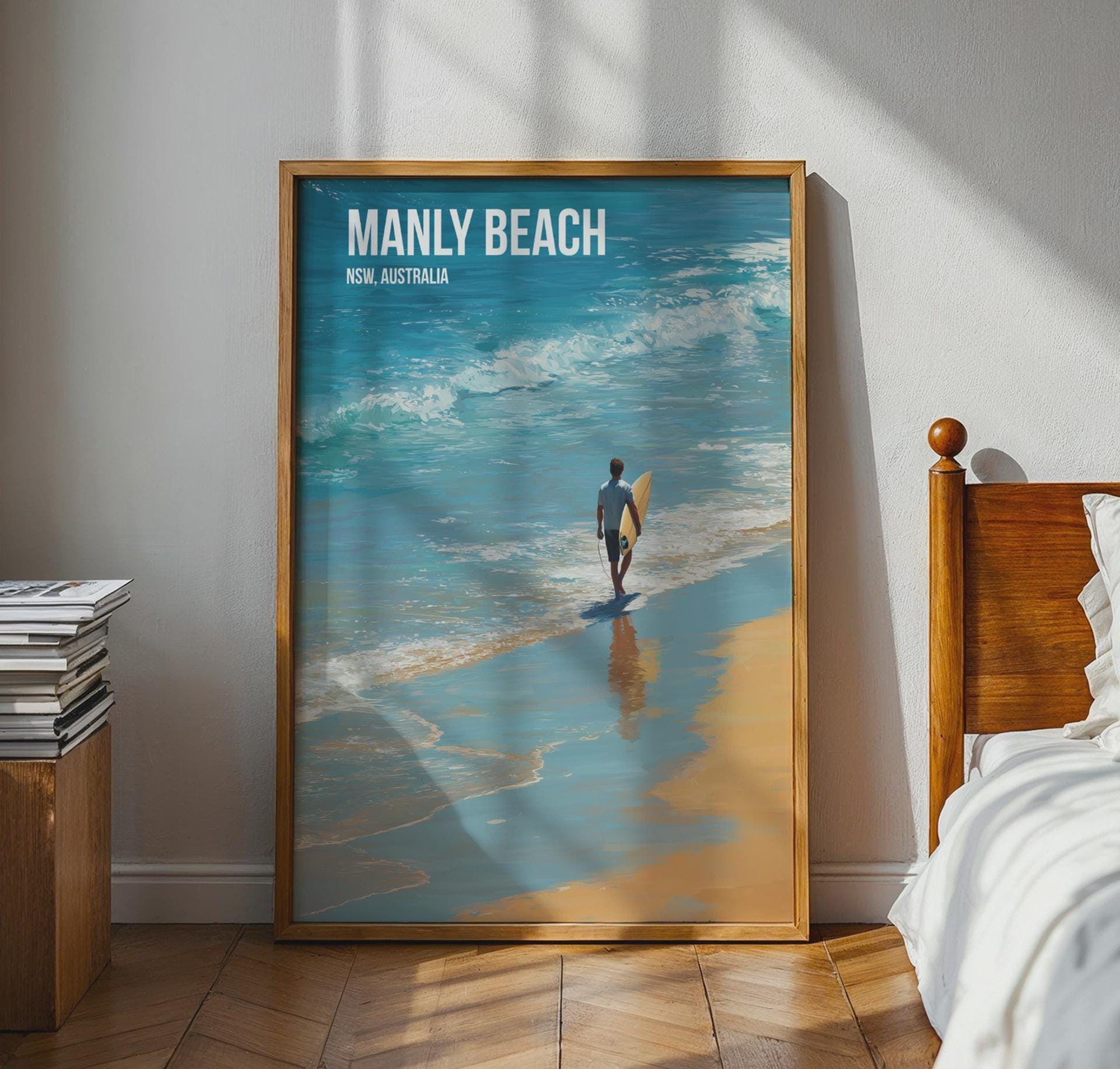 Manly Beach Surfing Print Poster Wall Art - Travel Wall Art