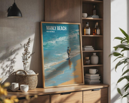 Manly Beach Surfing Print Poster Wall Art - Travel Wall Art
