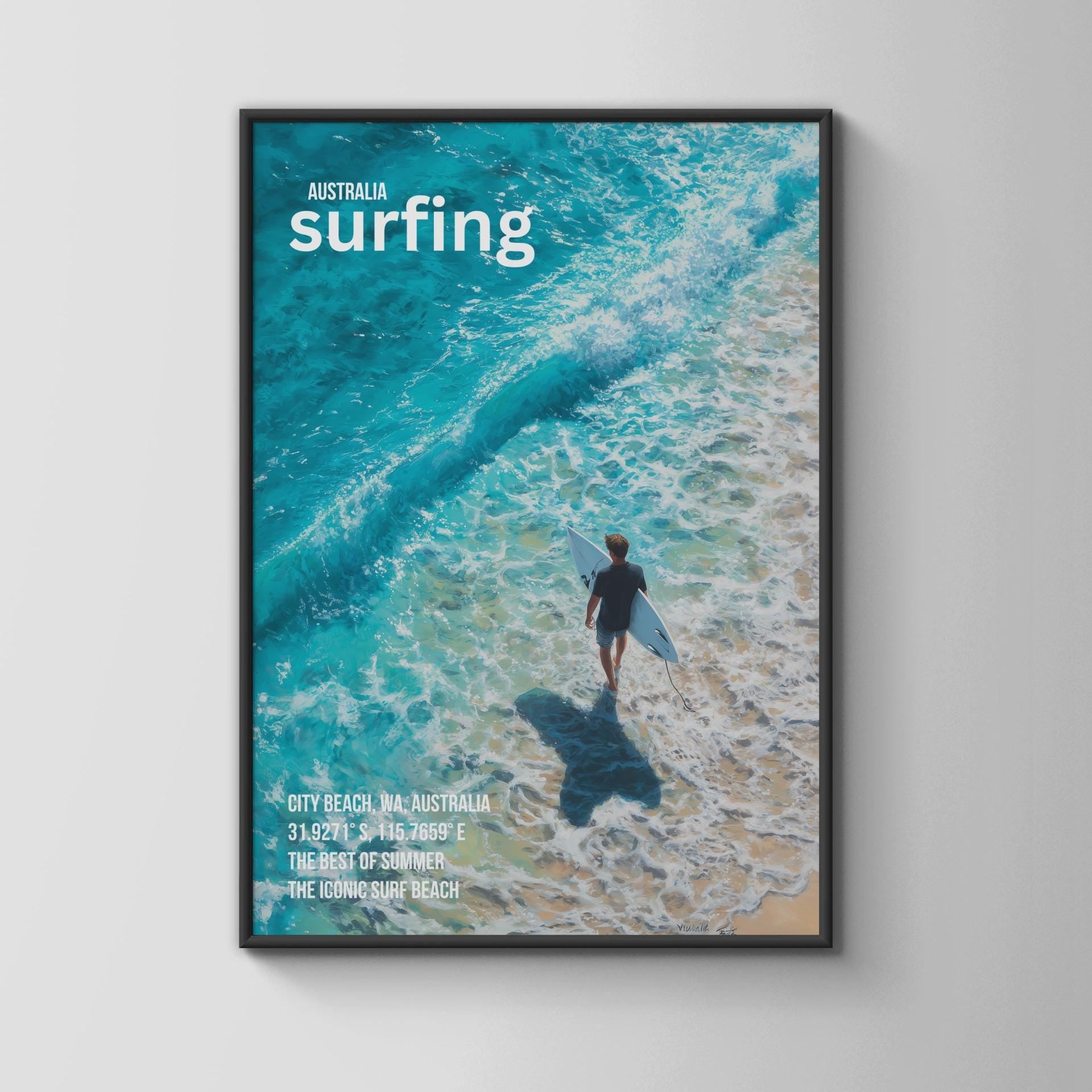 City Beach Surfing Print Ocean Artwork Poster - Travel Wall Art