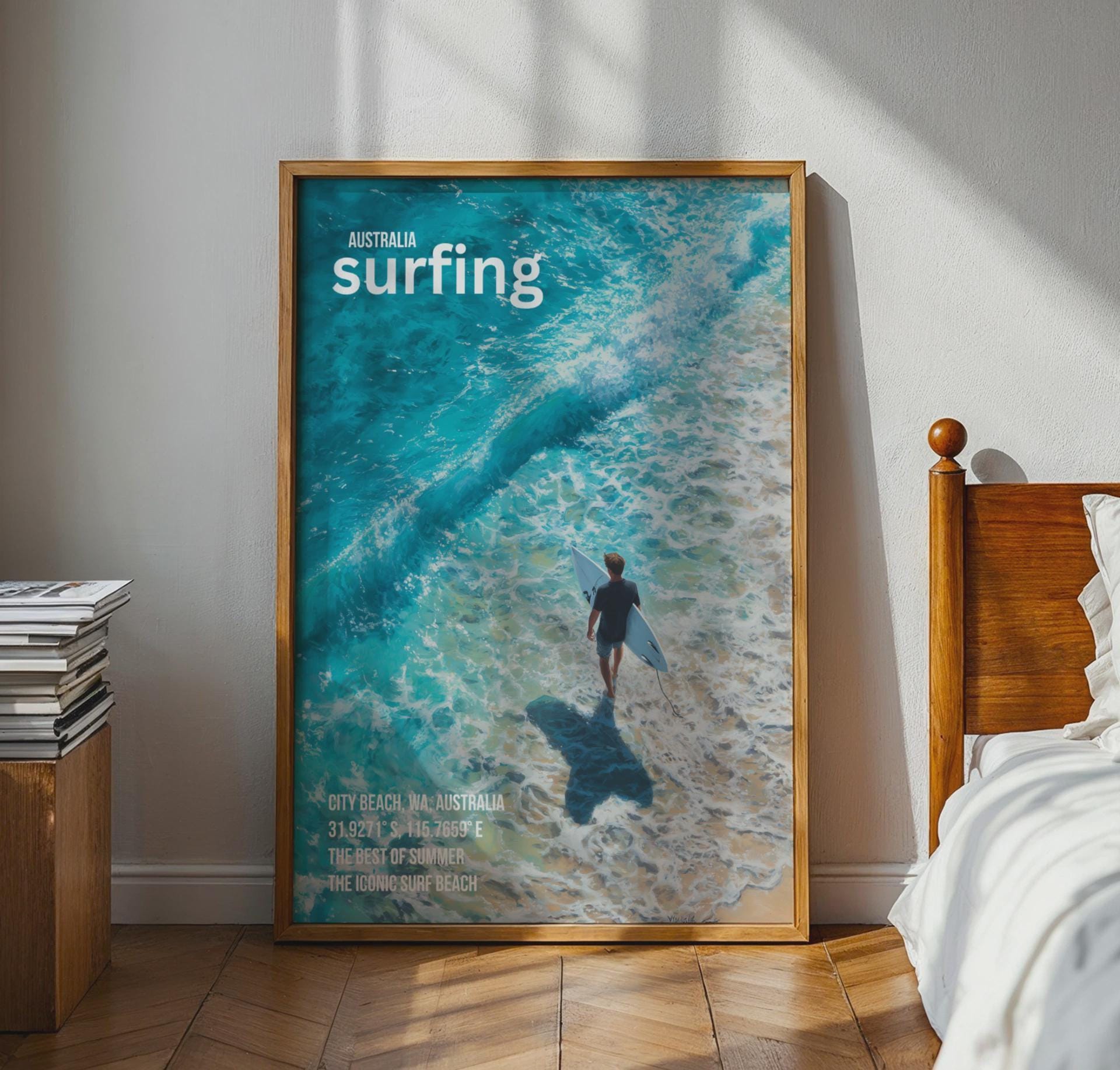 City Beach Surfing Print Ocean Artwork Poster - Travel Wall Art