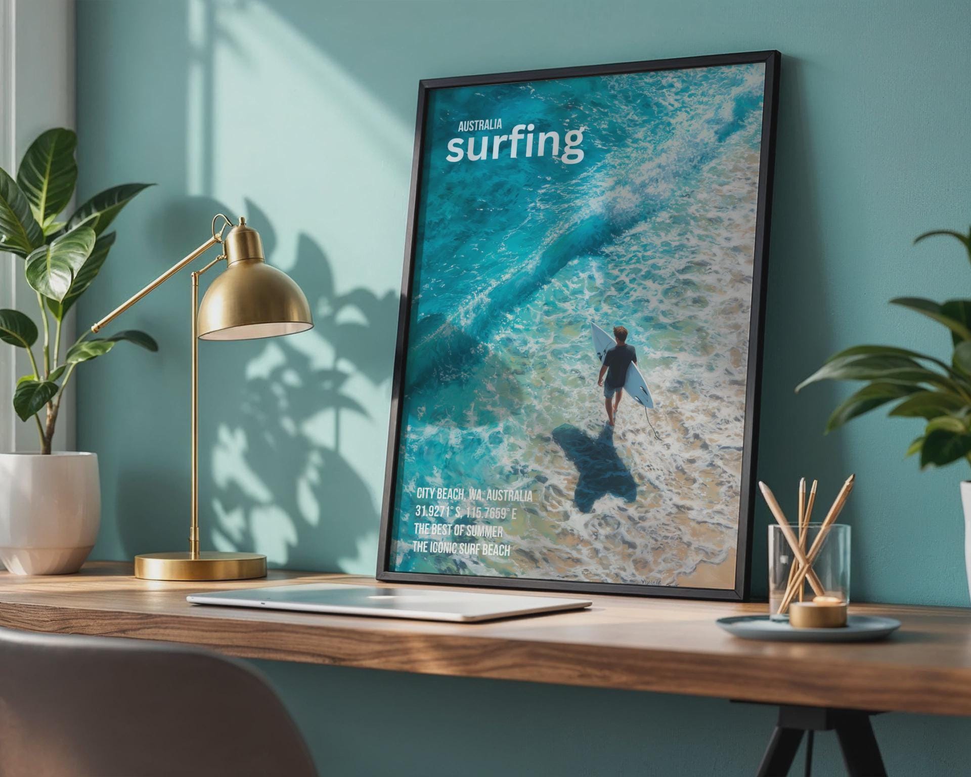City Beach Surfing Print Ocean Artwork Poster - Travel Wall Art
