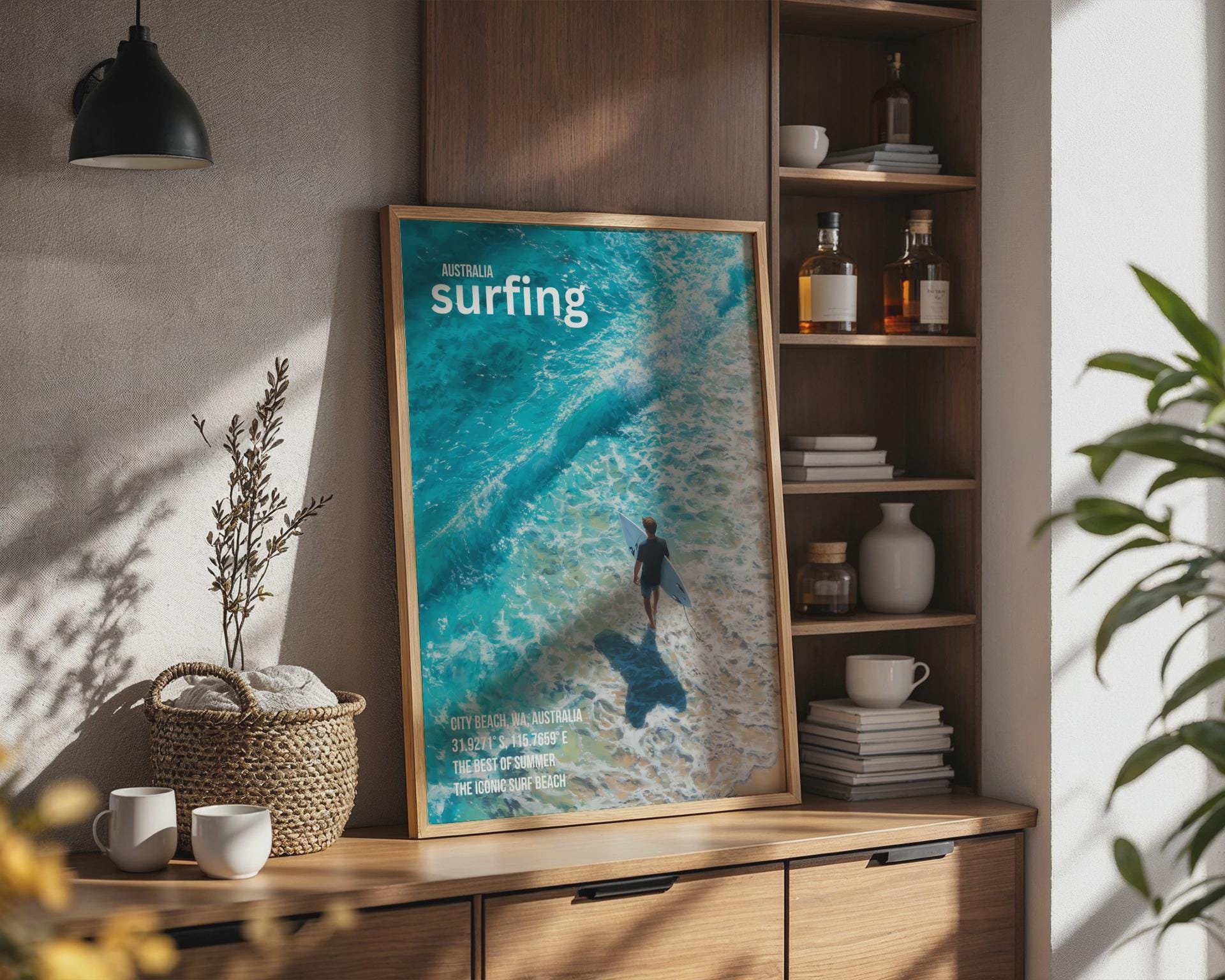 City Beach Surfing Print Ocean Artwork Poster - Travel Wall Art