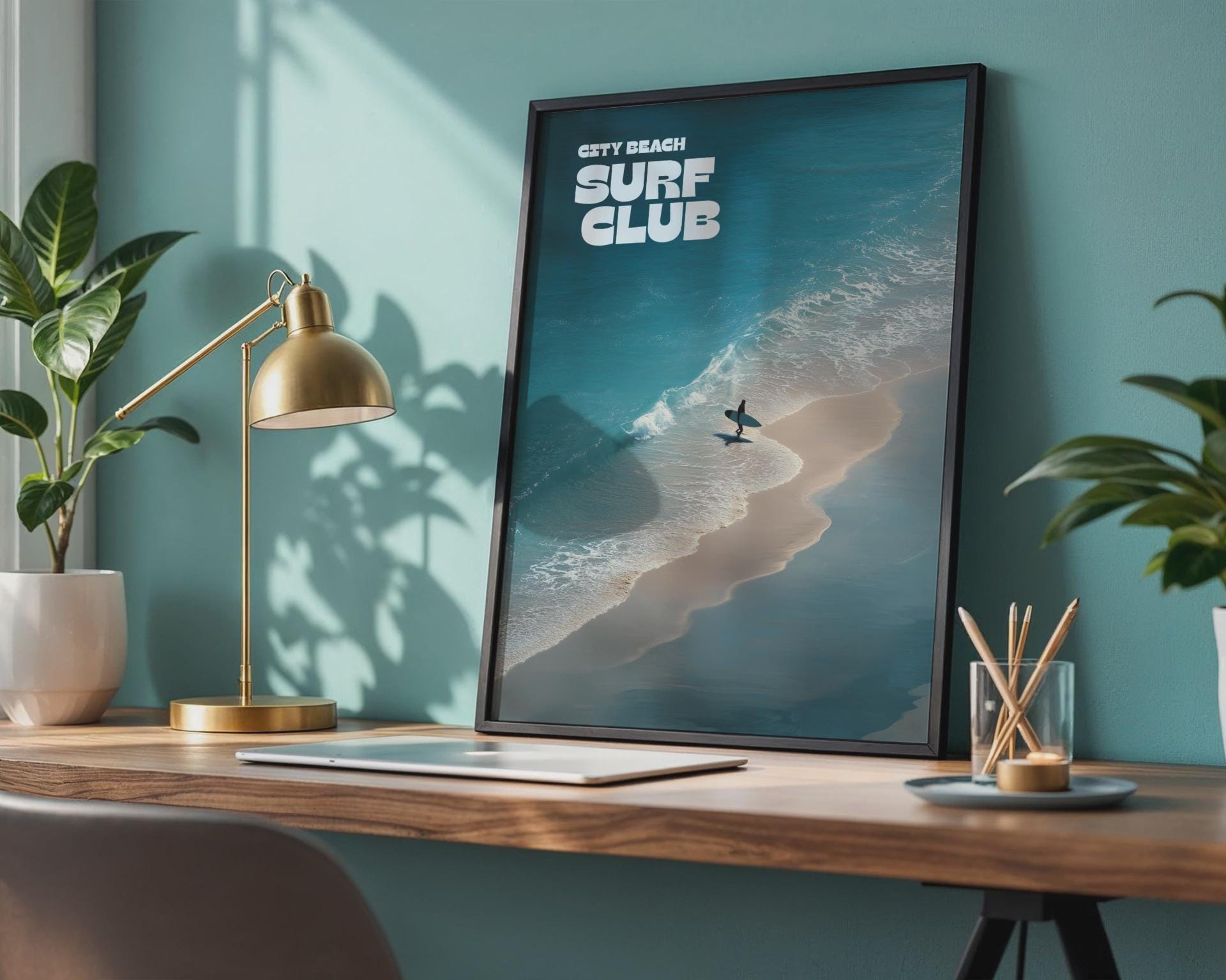 Surf Club Wall Art Beach Print with Ocean Waves and Surfer - Travel Wall Art