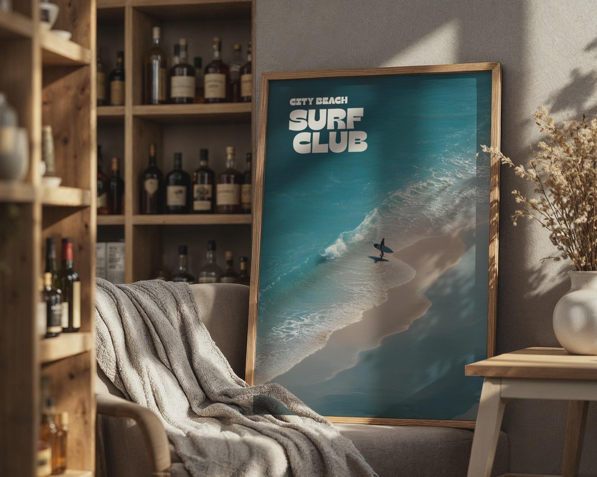 Surf Club Wall Art Beach Print with Ocean Waves and Surfer - Travel Wall Art