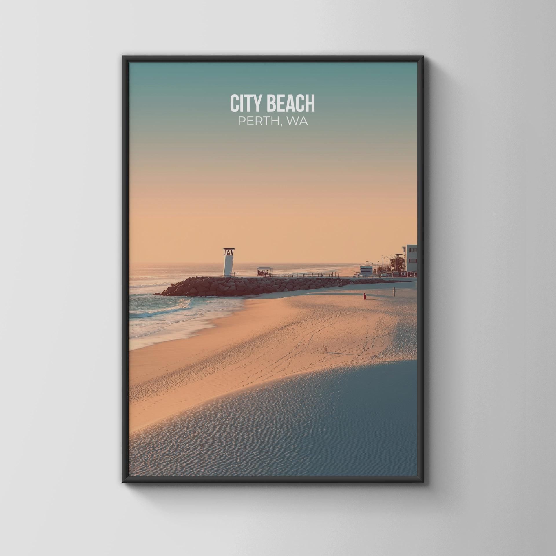 City Beach Poster Perth WA Minimalist Travel Wall Art - Travel Wall Art