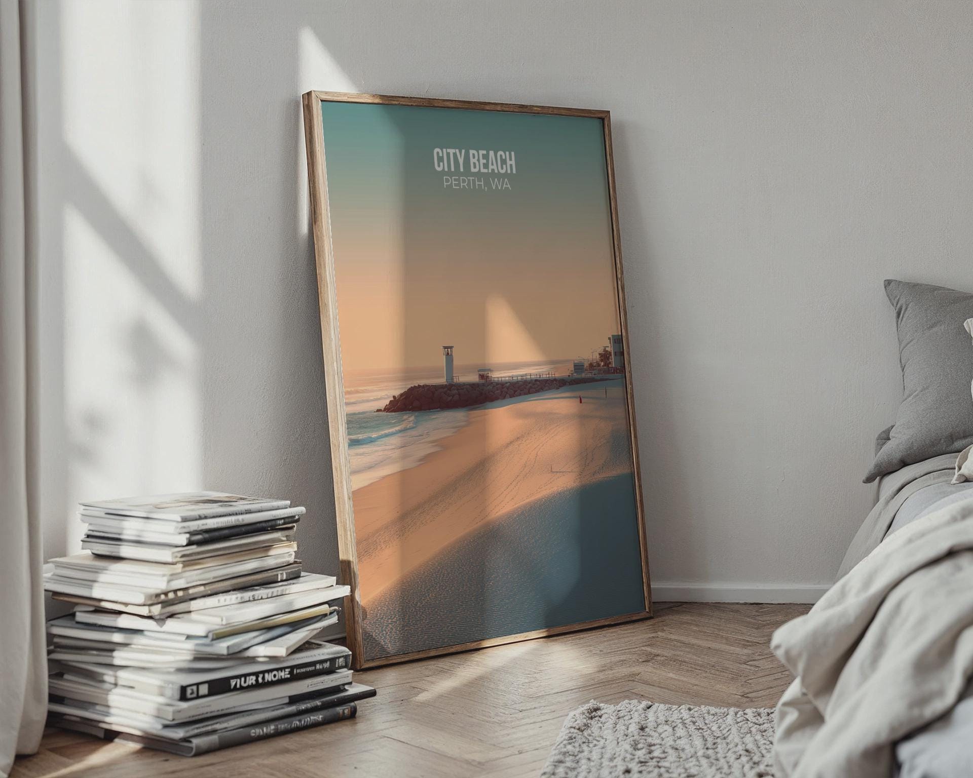 City Beach Poster Perth WA Minimalist Travel Wall Art - Travel Wall Art