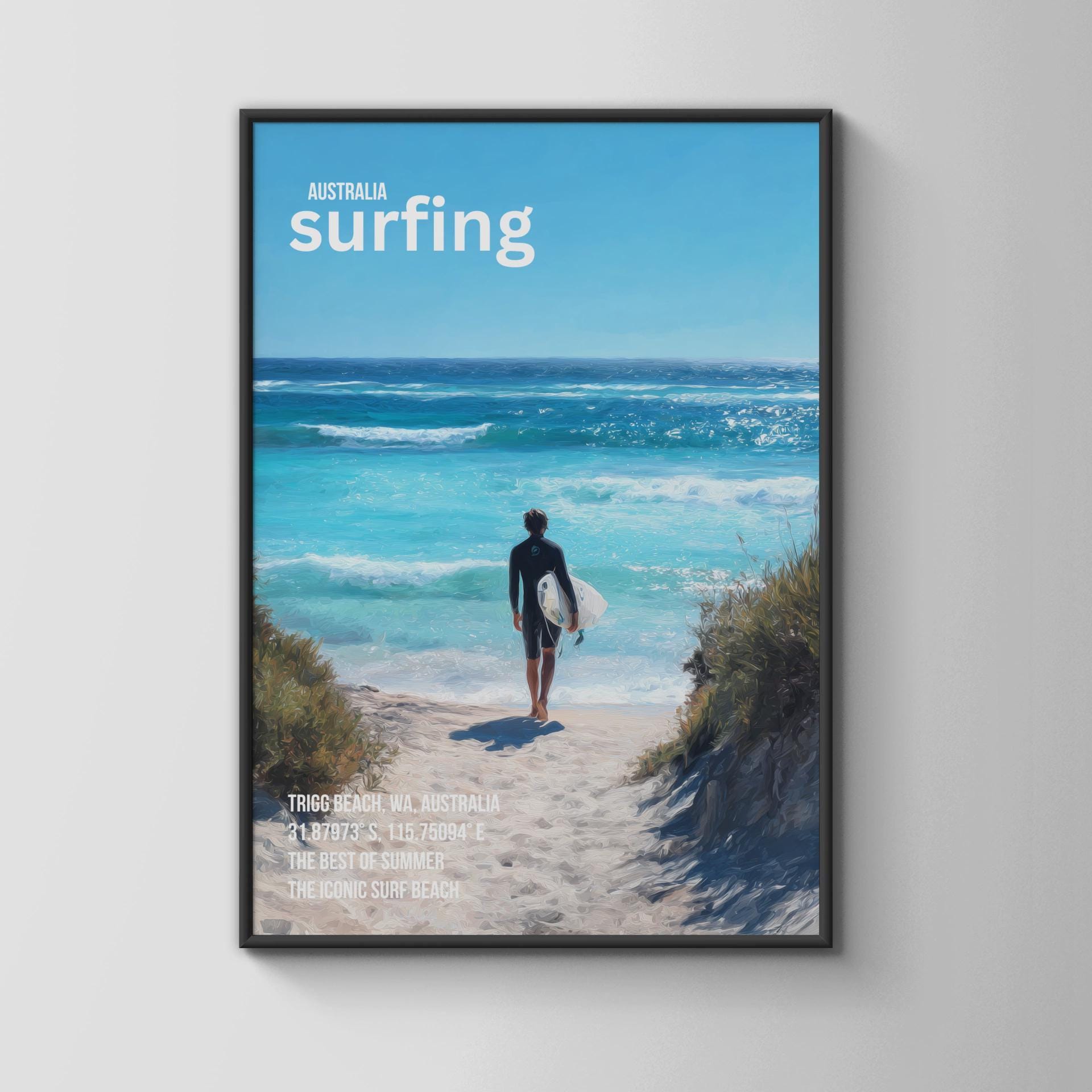 Surfing Poster Trigg Beach Australia Art Print - Travel Wall Art