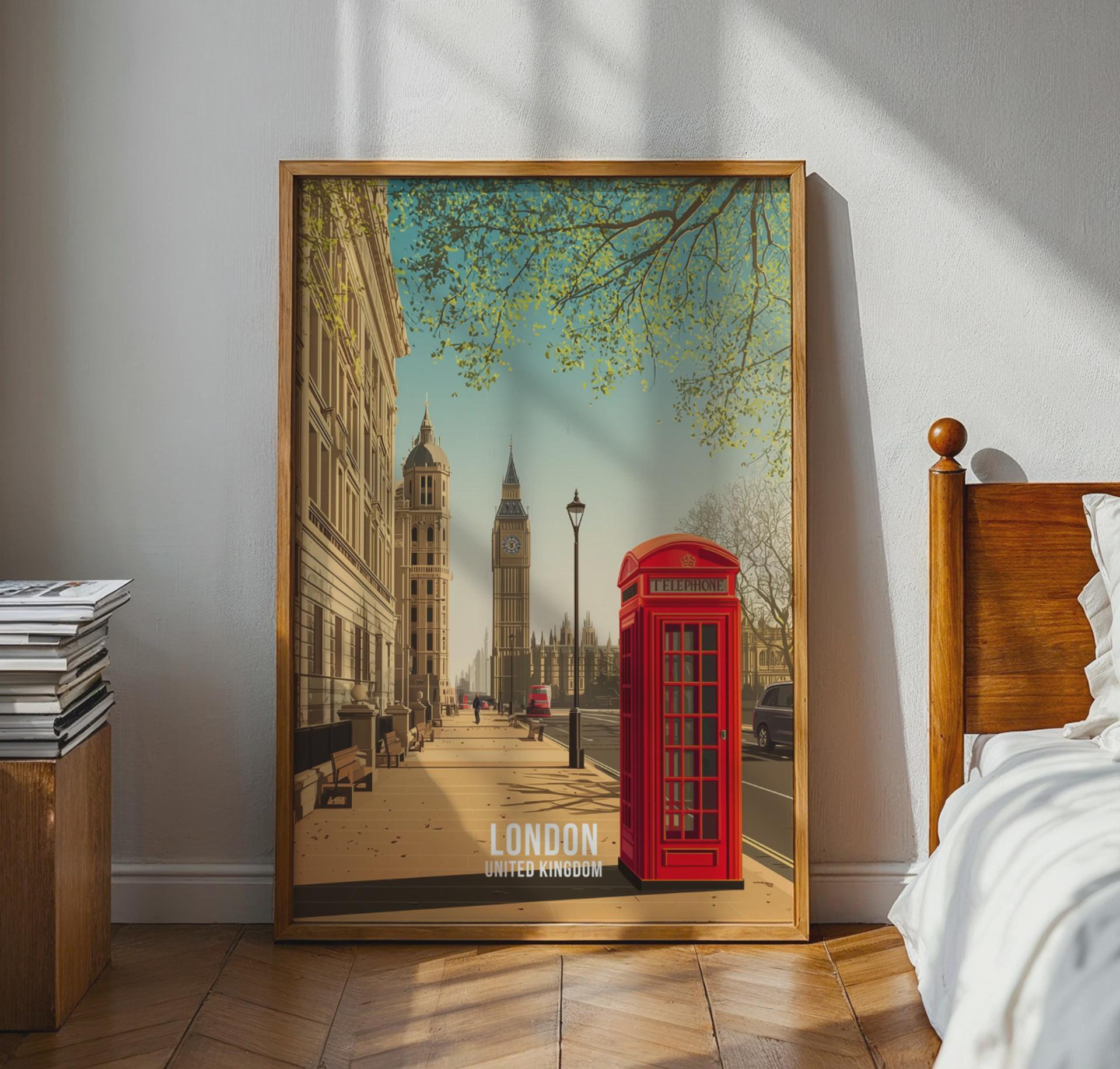 London Travel Poster Art Print Featuring Red Telephone Box and Big Ben - Travel Wall Art