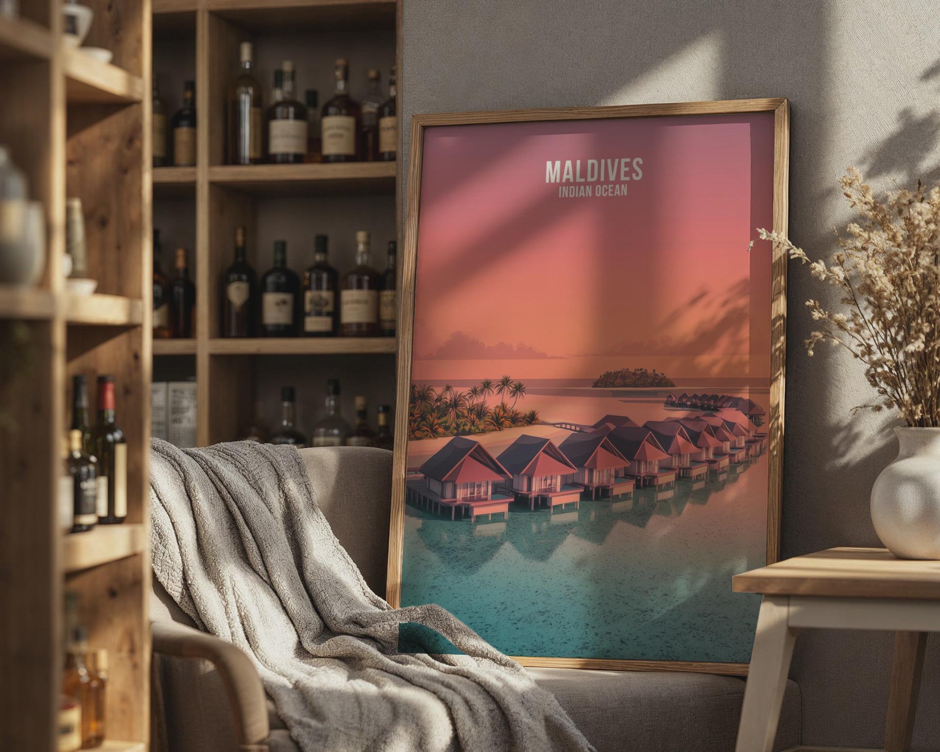 Maldives Sunset Water Villa Print - Travel Wall Art