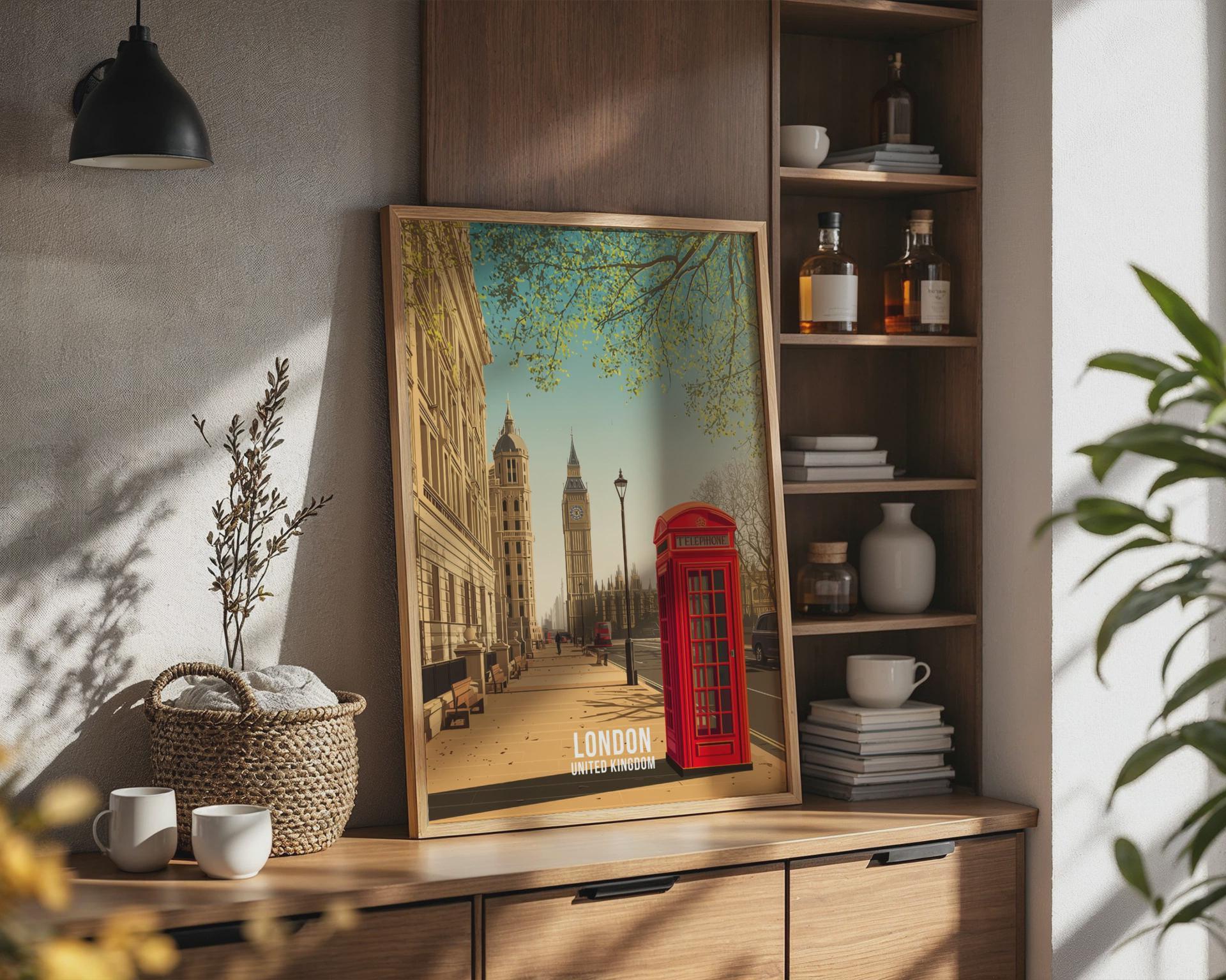 London Travel Poster Art Print Featuring Red Telephone Box and Big Ben - Travel Wall Art