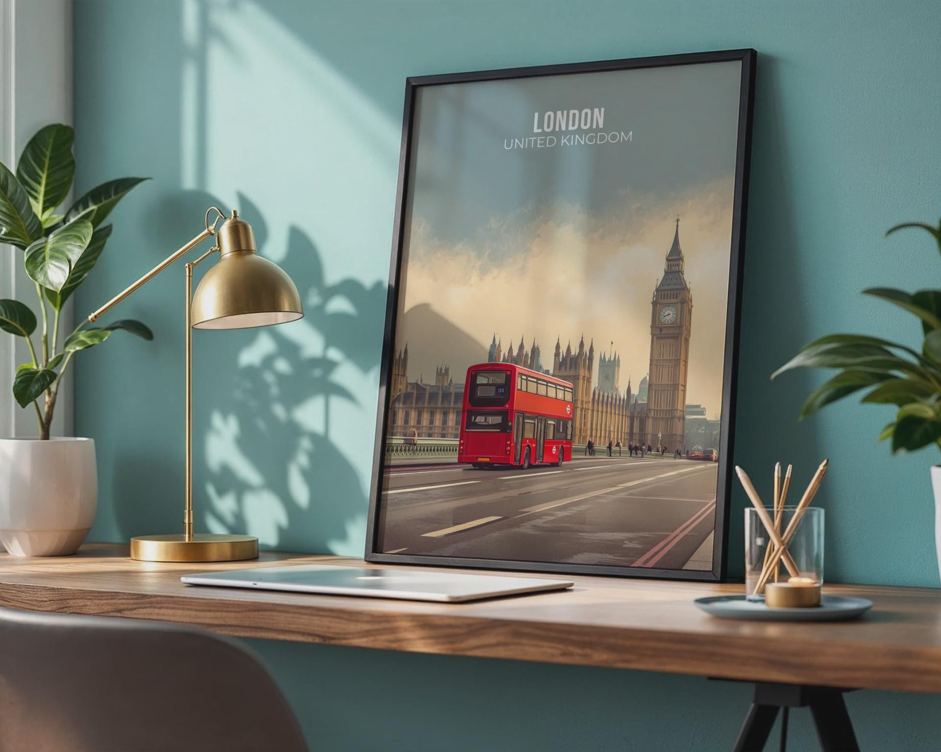 Red London Bus Art Print Big Ben Cityscape Poster - Travel Wall Art
