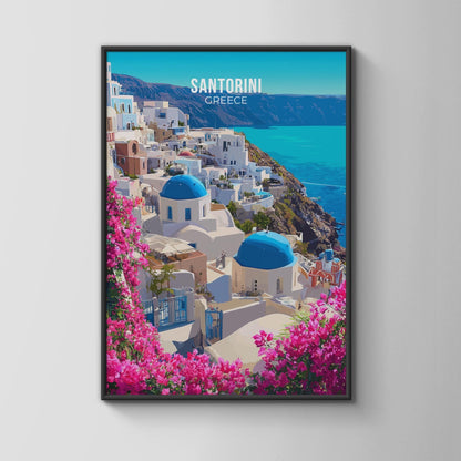 Santorini Greece Poster Wall Art with Blue Domes and Bougainvillea - Travel Wall Art