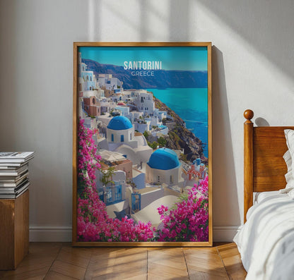 Santorini Greece Poster Wall Art with Blue Domes and Bougainvillea - Travel Wall Art