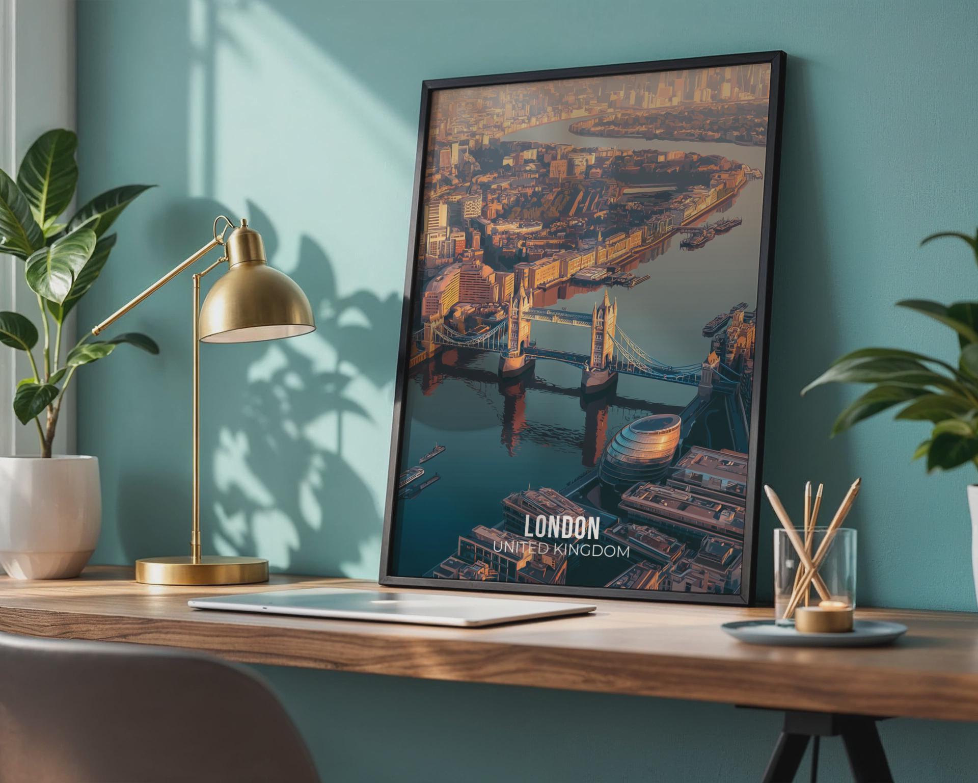 London Cityscape Print Tower Bridge Aerial View Wall Art - Travel Wall Art