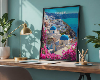 Santorini Greece Poster Wall Art with Blue Domes and Bougainvillea - Travel Wall Art