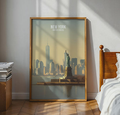 New York City Skyline Poster with Statue of Liberty Wall Art Print - Travel Wall Art