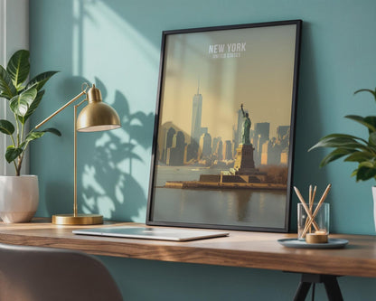 New York City Skyline Poster with Statue of Liberty Wall Art Print - Travel Wall Art
