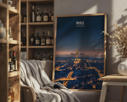 Paris France Cityscape Poster Eiffel Tower Night Wall Art Print - Travel Wall Art