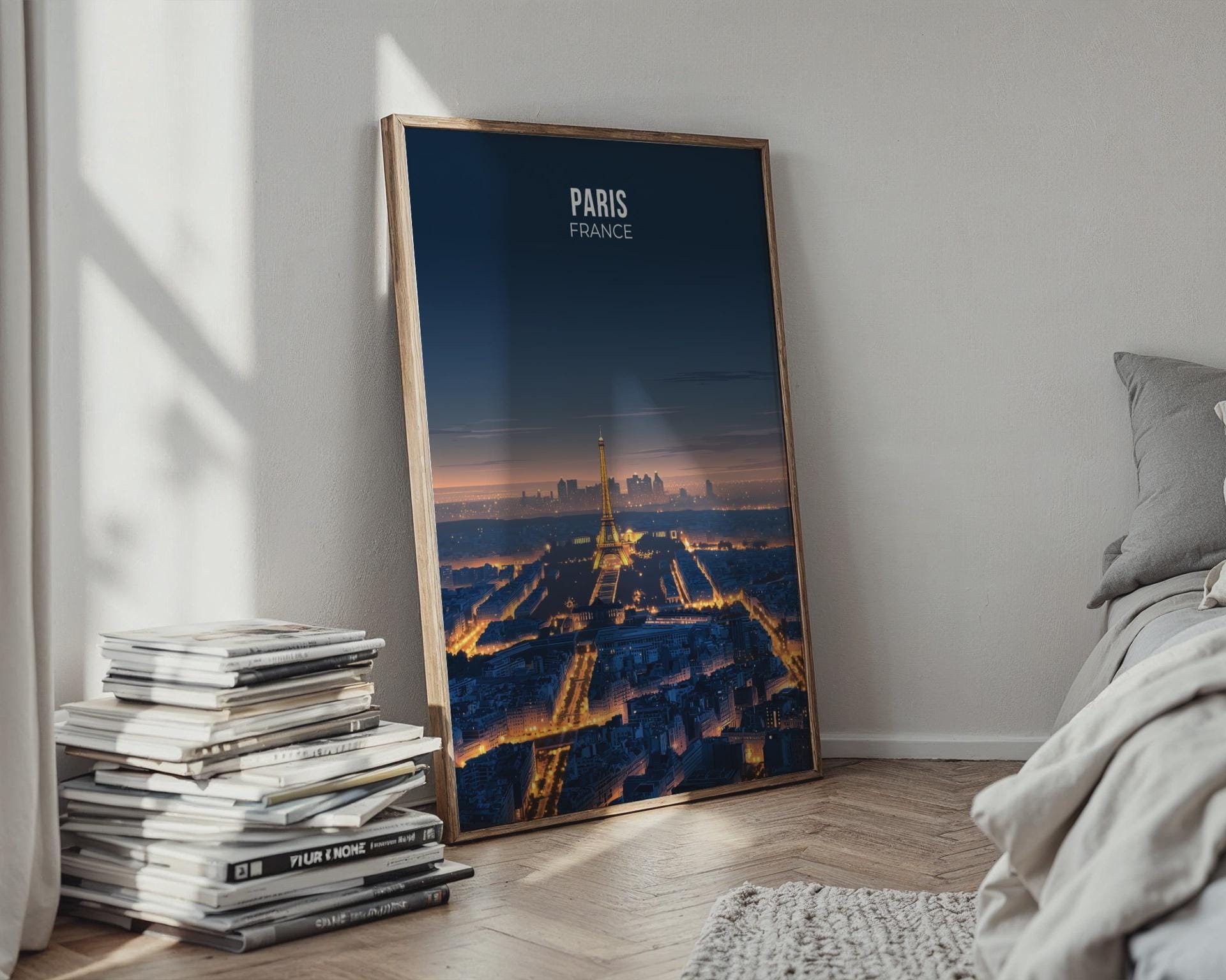 Paris France Cityscape Poster Eiffel Tower Night Wall Art Print - Travel Wall Art