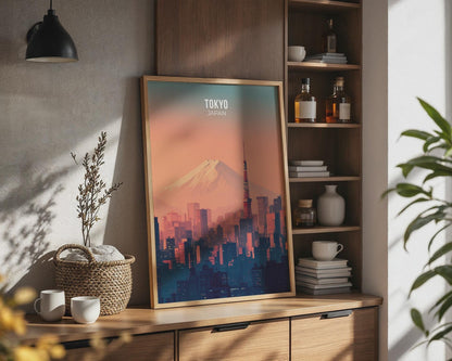 Tokyo Japan Poster Wall Art featuring Mount Fuji and Cityscape - Travel Wall Art