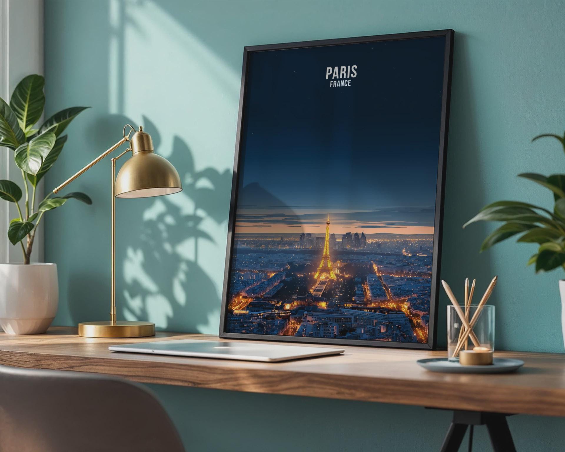 Paris Night Skyline Print Eiffel Tower Wall Art Paris France Poster - Travel Wall Art